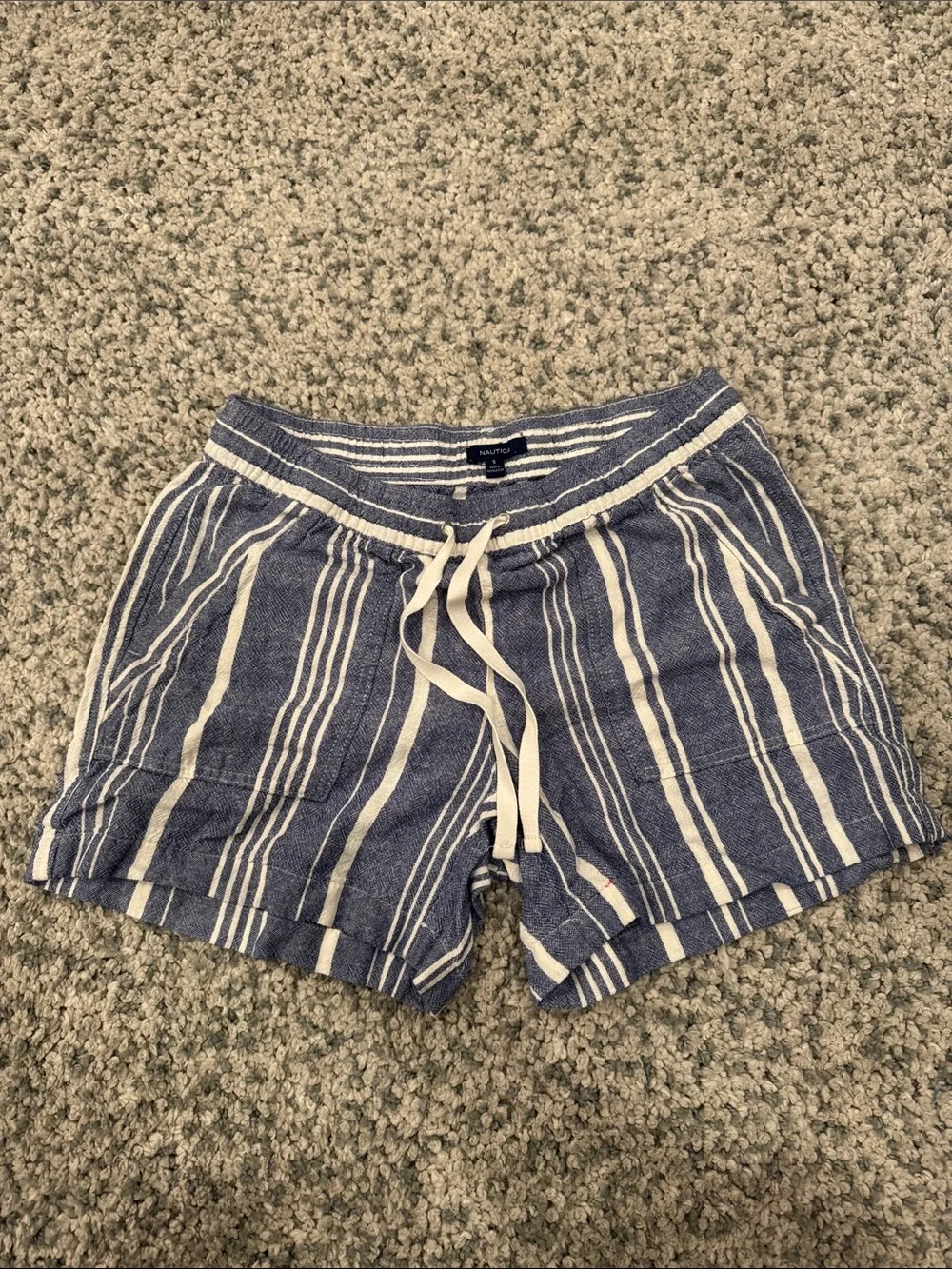 Nautica Navy and White Striped Drawstring Athletic Shorts